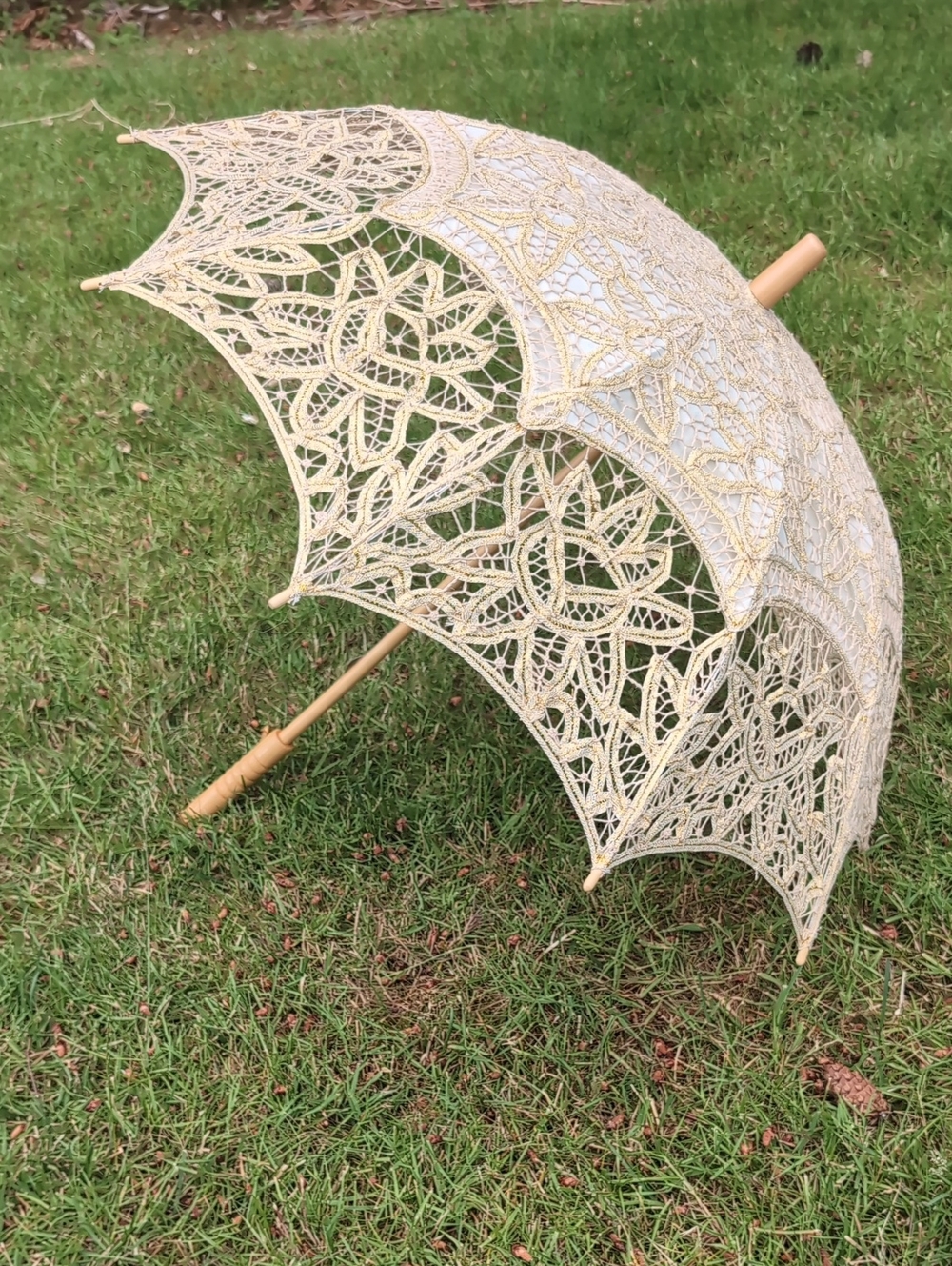 Gold Metallic Lace Parasol with Wooden Handle